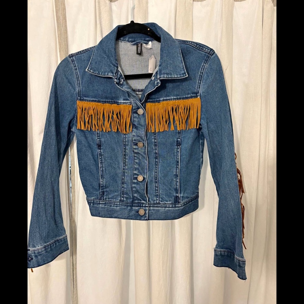 Bohemian Wood Denim Jacket with Fringe Detail